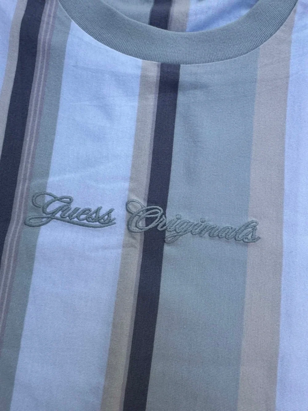 Guess Men's Vertical Stripe Short Sleeve Tee in Light Blue and Gray - Picture 4 of 5